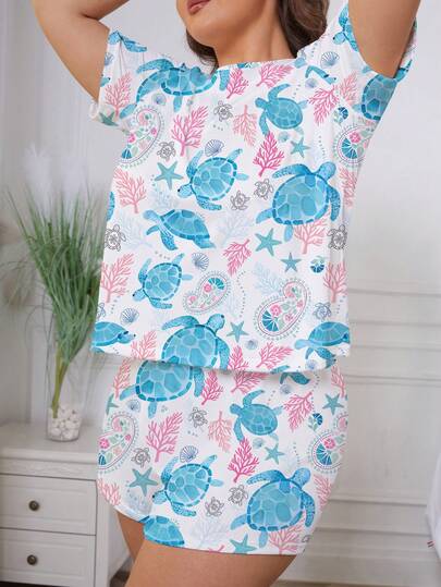 2件套 白色底海洋夏季元素可爱海龟、珊瑚、贝壳、海星印花睡衣套装，女士舒适短袖圆领套头衫和松紧腰短裤，时尚百搭，适合户外、室内、四季穿着。