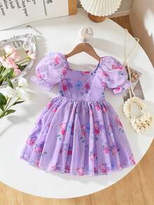 女童圆领泡泡袖印花收腰网纱连衣裙 - 紫色 - 查看 1