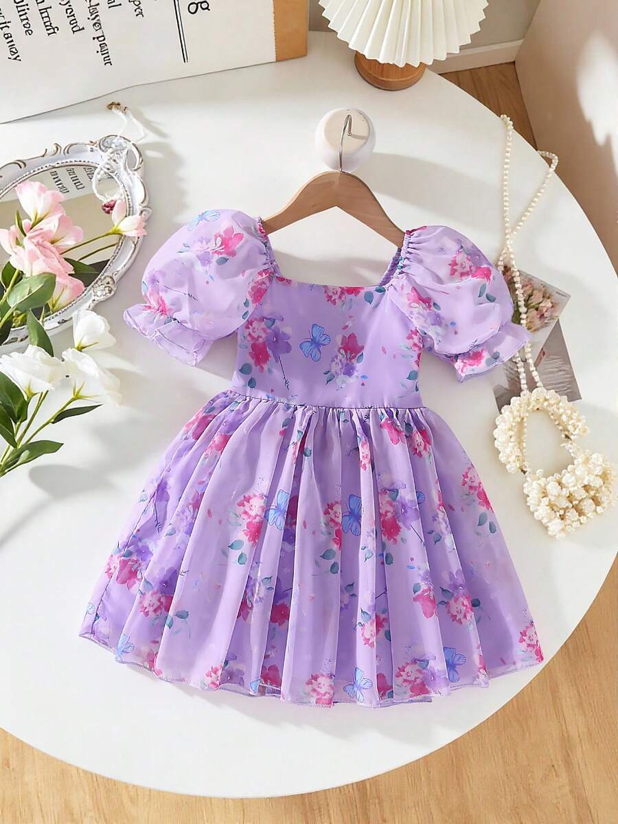 女童圆领泡泡袖印花收腰网纱连衣裙 - 紫色 - 查看 1