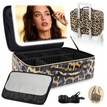 15''X11'' Large Makeup Bag With Removable Lighted Mirror, Professional Travel Make Up Bag With Mirror And Light Cosmetic Train Case Organizer, PU Leather With Adjustable Dividers & Brush Storage Board;Mother's Day Gifts: The Best Choices For Your Wife And Mother - 豹紋 - 查看 8