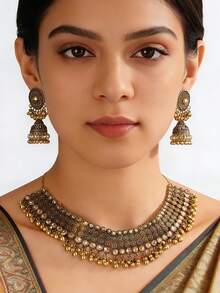 3件套复古南亚风格女士首饰套装，多层叠戴水钻项链耳环套装，适合女士日常或派对佩戴，宴会首饰礼品 - 古金色 - 查看 1