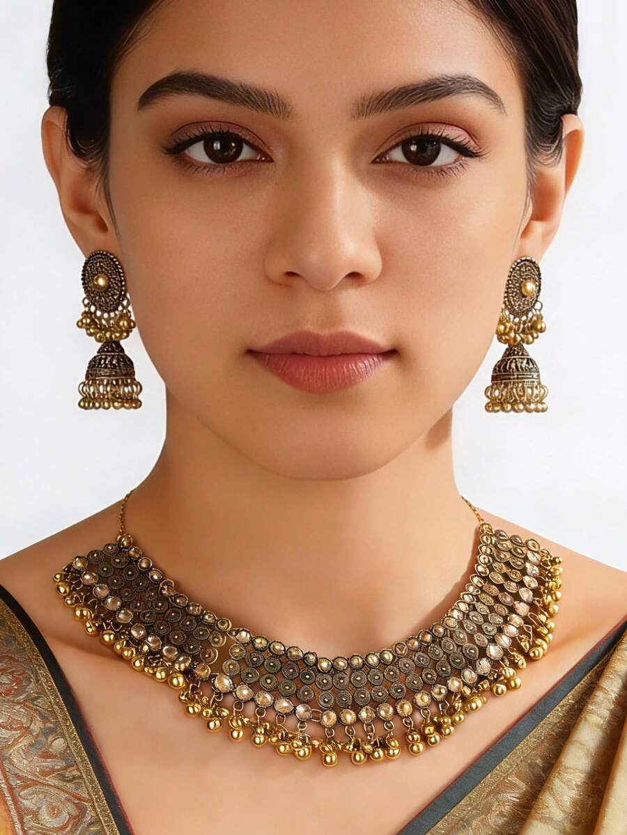 3件套复古南亚风格女士首饰套装，多层叠戴水钻项链耳环套装，适合女士日常或派对佩戴，宴会首饰礼品 - 古金色 - 查看 1