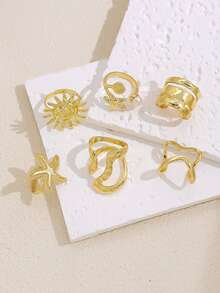 6Pcs Vintage Punk Flower Starfish Rings Set For Women Metal Multilayer Pearl Luxury Knuckle Ring Jewelry Gifts - Yellow Gold - View 3