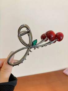 1个女士甜美樱桃蝴蝶结爪夹，简约优雅发夹，适合日常使用 - 彩色 - 查看 4