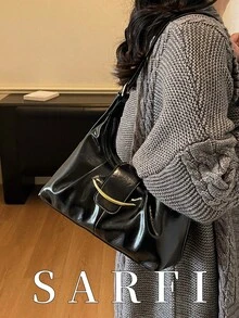 Fashionable Retro Color Metal Buckle Decor Handbag Modern Unique Pleated Design Tote Bag Simple Versatile Solid Black Commuter Style Shoulder Bag With Adjustable Strap - Black - View 2