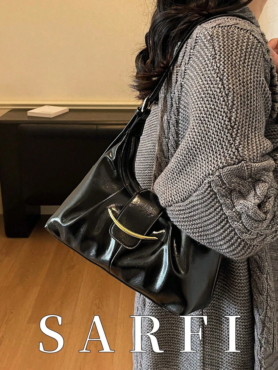 Fashionable Retro Color Metal Buckle Decor Handbag Modern Unique Pleated Design Tote Bag Simple Versatile Solid Black Commuter Style Shoulder Bag With Adjustable Strap