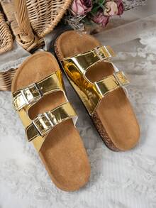 Women's Comfortable Adjustable Buckle Slip-On Flat Sandals With Cork Insole, Flat Slides Suitable For Spring/Summer Outdoor Vacation And Daily Wear - Gold - View 4