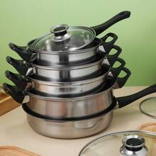 12pcs Stainless Steel Cookware Set With Non-Stick Coating And Glass Lids - Stainless Steel  Saucepan Stock Pot Set, Kitchen Induction CookwareIncludes Pots & Pans For All Cooking Needs, Ergonomic Handles, Perfect For Home & Restaurant Use - 銀色 - 查看 10