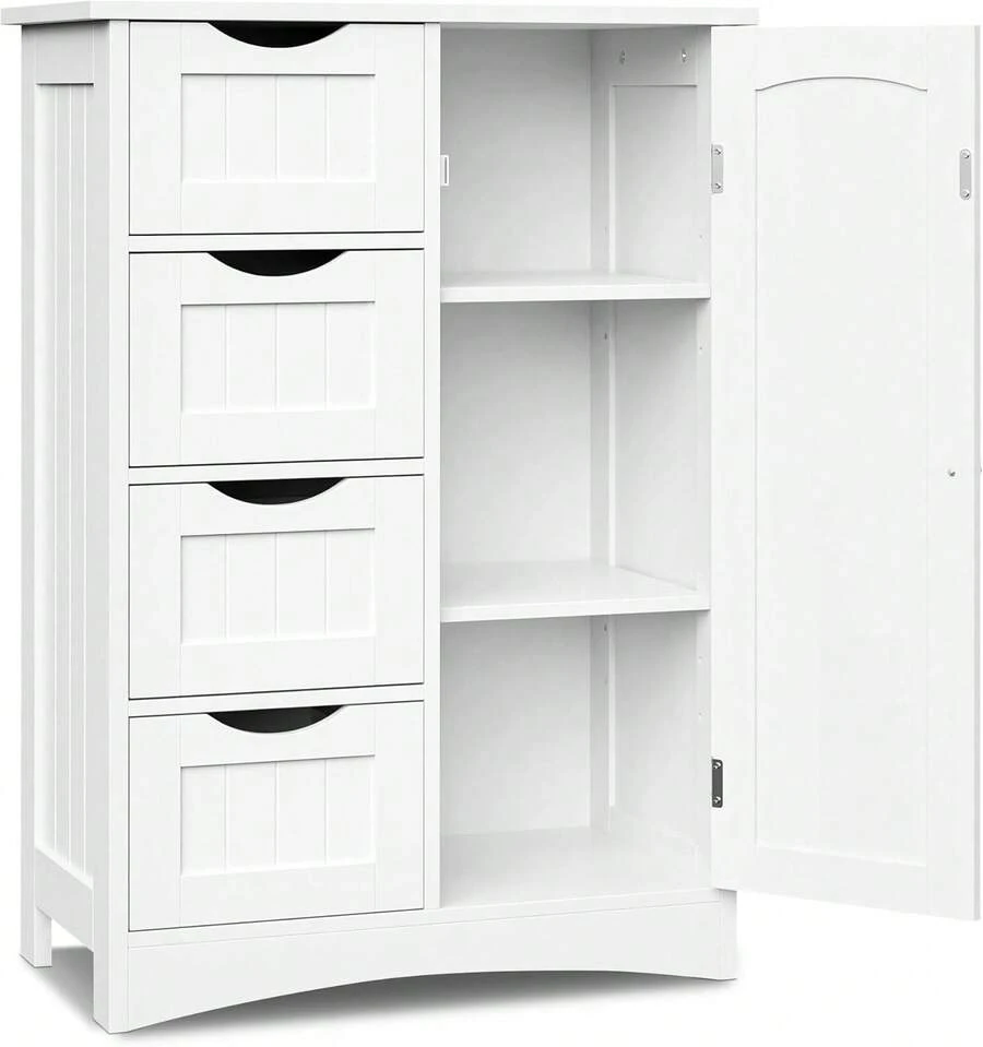 Bathroom Storage Cabinet With 4 Drawers And 1 Cupboard, Entryway Home Decor Furniture Towels Storage Organizer Unit, White - trắng - Xem 1