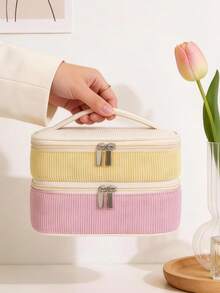 Bolsa de Maquiagem de Veludo Cotelê com Abertura Larga e Muitos Bolsos, Bolsa de Cosméticos Macia e Felpuda, Organizador de Maquiagem Multifuncional para Mulheres com Compartimentos de Tela, Organizador Portátil de Viagem e Negócios para Cuidados com a Pele que Comporta Batons, Cosméticos, Pincéis de Maquiagem, Bolsa de Maquiagem com Zíper de Cor Sólida e Tecido Durável, Bolsa de Vaidade para Armazenamento no Banheiro e Bancada, Bolsa de Maquiagem de Uso Diário para Casa, Escola, Escritório, Viagem, Férias, Volta às Aulas - Básico - Visão 11