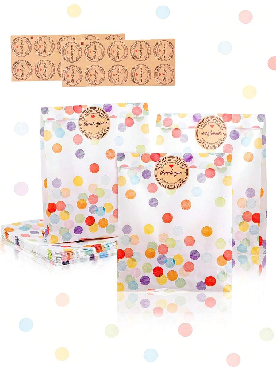 30/50个波西米亚风生日派对礼品袋，彩虹波点纸质派对袋，附赠感谢贴纸，适用于生日派对、婚礼、露营派对、庆典、婴儿派对等多种场合，用途广泛，可用于装饰。 - 彩色 - 查看 1