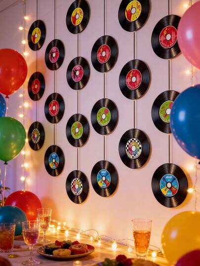 Vinyl Schallplatten Hintergrundplane, Rock Party Dekoration, Retro Vinyl Schallplatten Papier Kranz, geeignet für Vintage Partys, Musik Geburtstags Party Zubehör, Rock, Haus Tür Party Geschenke