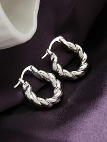一对扭纹编织金色耳环，简约复古风格首饰 - 扭紋耳圈 - 查看 5