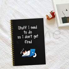 GDTME 1本双面印刷螺旋装订笔记本，黑色封面，印有幽默标语“避免被炒鱿鱼的待办事项”，以及一只猫咪趴在电脑上睡觉的可爱插图。这款轻松有趣的笔记本设计提醒您记录待办事项，既实用又能缓解压力。文具、日记本、笔记本、办公用品。 - JZ-0630工作筆記本 - 查看 1