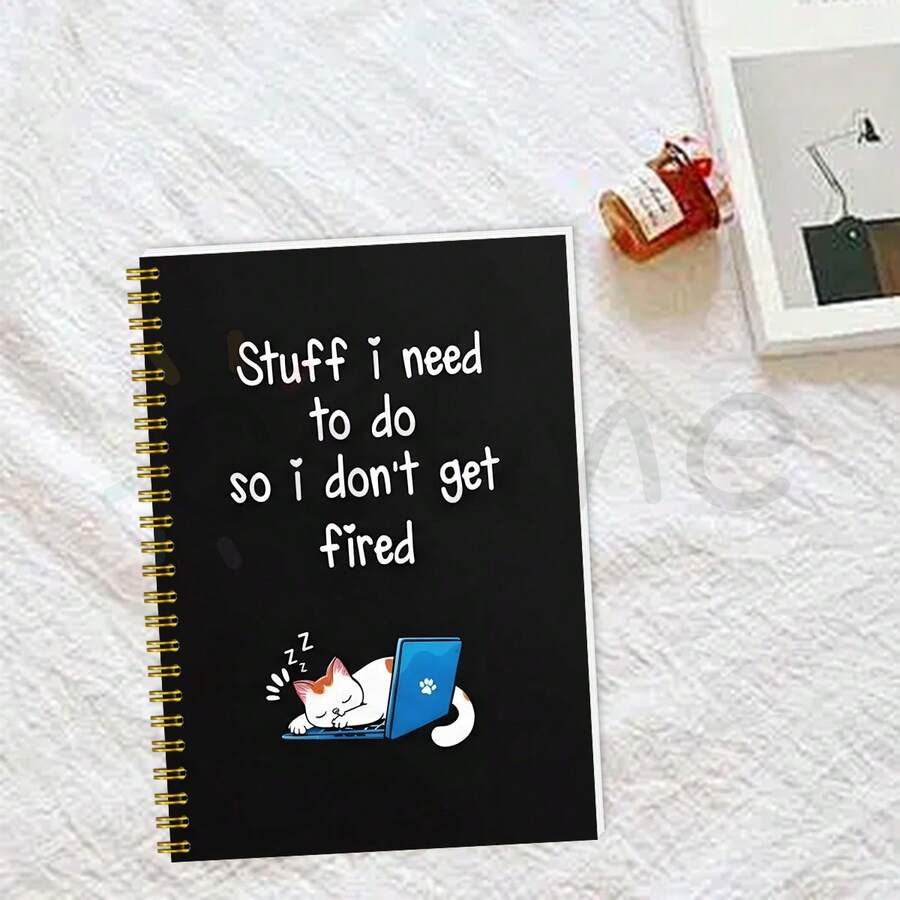 GDTME 1本双面印刷螺旋装订笔记本，黑色封面，印有幽默标语“避免被炒鱿鱼的待办事项”，以及一只猫咪趴在电脑上睡觉的可爱插图。这款轻松有趣的笔记本设计提醒您记录待办事项，既实用又能缓解压力。文具、日记本、笔记本、办公用品。 - JZ-0630工作筆記本 - 查看 1
