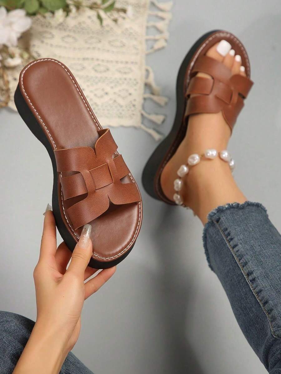 New Women Slip-On Thick Sole Sandals Slippers, Solid Color Beach & Home Wear - Brown - View 1