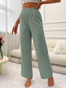 Polka Dot Pajama Pants, Soft Cotton Lounge Trousers With Elastic Waist, Breathable Sleep Bottoms, Cozy Relaxed Fit Homewear – Budget Buy - Olive Green - View 1
