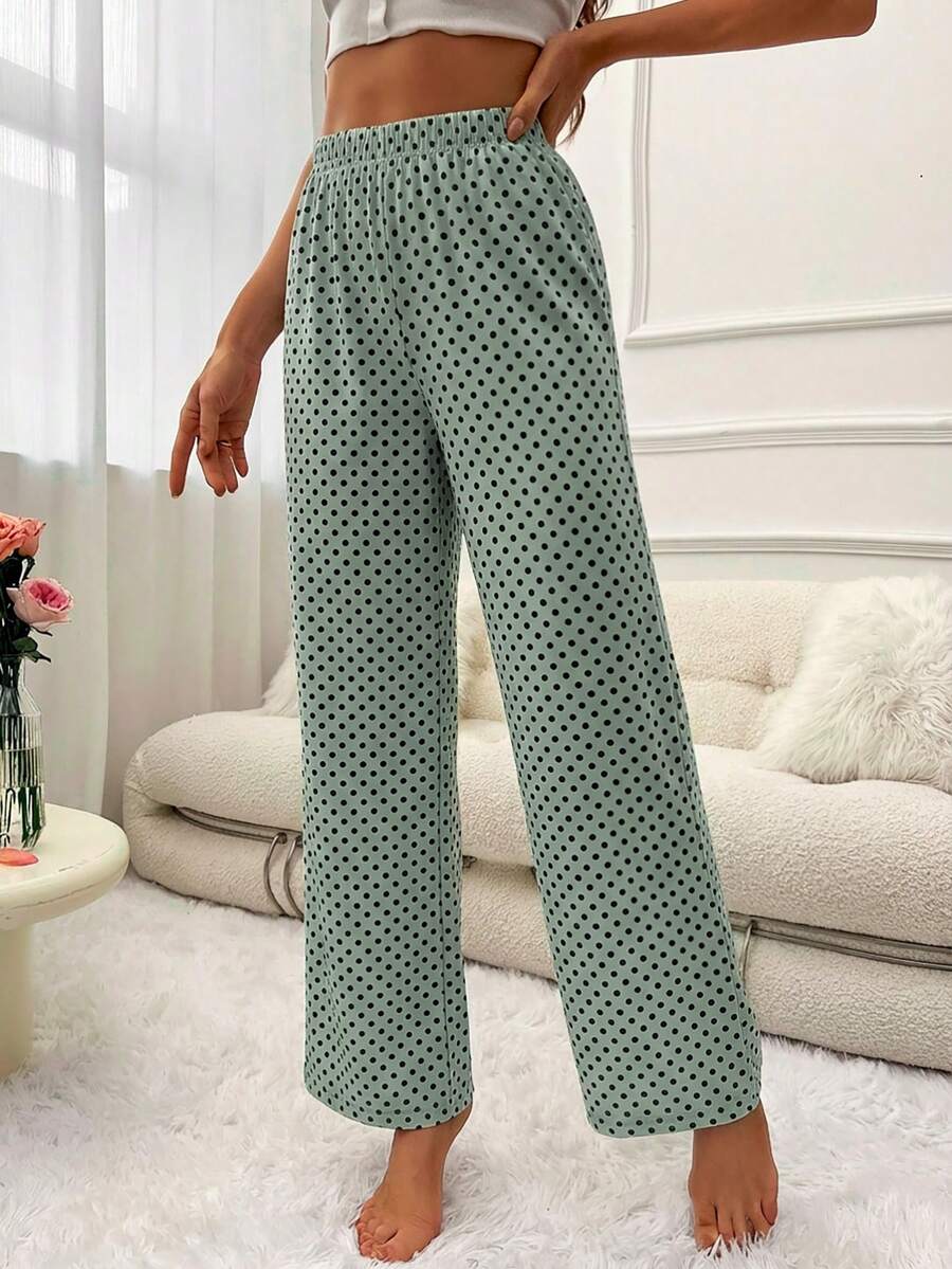 Polka Dot Pajama Pants, Soft Cotton Lounge Trousers With Elastic Waist, Breathable Sleep Bottoms, Cozy Relaxed Fit Homewear – Budget Buy - Olive Green - View 1