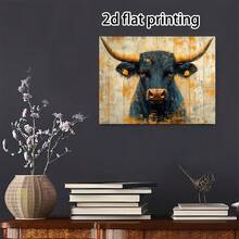 [2D Flat] 1pc Rustic Wooden Framed Canvas Wall Art - Black Bull Ox Abstract Painting, 11.8x15.7 Inch, Weathered Blue & Golden Hues, Perfect For Bedroom, Kitchen, Office, Bar, Farmhouse, Living Room Decor, Office Decoration |   Weathered Finish |   Durable Canvas, Wall Decor - Nhiều màu - Xem 6