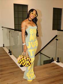 Sexy Letter Print Fitted Halter Top Dress For Women, Women's Y2K Vintage Street Casual Long Dress - 黃色 - 查看 5