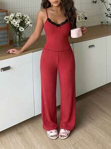 Cotton Women 2 Pcs Contrast Colour Lace Detail V Neck Rib Knit Sexy Top & Long Pants Homewear Comfort Solid Homeweaar Lounge Set - Burgundy - View 3