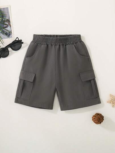 Young Boy's Elastic Waist Pocket Solid Color Casual School Style Sports Cargo Shorts, Summer