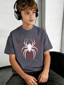 This Spider-Themed Printed Short Sleeve T-Shirt Is A Perfect Casual And Fashionable Choice For Teenage Boys. - Dark Grey - View 2
