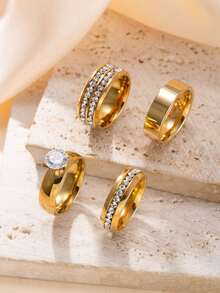 Set de 4 anillos de acero inoxidable con diamante de imitación geométricos de lujo, adecuados para uso diario, fiestas y el Día de San Valentín de las mujeres - Dorado - Ver 7
