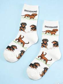 1 Paio di Calzini con Motivo Jacquard a Cane, Bianchi Divertenti e alla Moda, Versatili per Uso Quotidiano, Adatti per Tutte le Stagioni - Bianco - Visualizzare 5