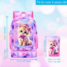 2-In-1 Girls' Backpack, 17" Elementary School Backpack & Lunch Box - Cute Cat Print, Pink - Backpack - View 3