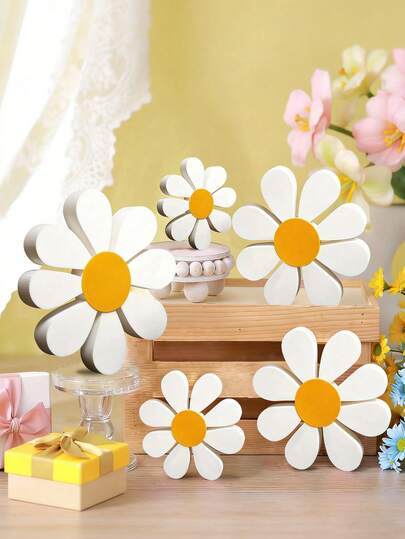 Wooden Daisy Decorative Set, Creative Yellow & White Flower Decor, 3D Daisy Ornaments, Handmade Wooden Crafts Suitable For Home Bookshelf & Tabletop Decor, Tiered Tray Decor, Sculpture Ornaments