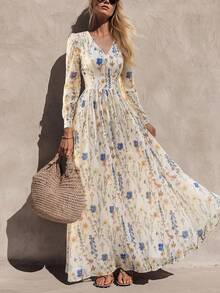 Đầm maxi dài tay cổ chữ V họa tiết hoa nhí vintage mùa hè dành cho nữ của Vuslat, kiểu dáng bohemian, dáng suông, thoải mái, thích hợp cho kỳ nghỉ, hoạt động ngoài trời, dã ngoại, kỳ nghỉ hè. - Màu be - Xem 4
