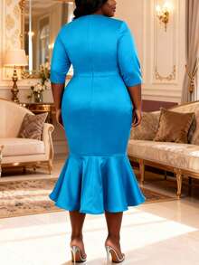 Vestido de sirena azul elegante talla grande para mujer con volantes y decoración de cintura con rhinestones, adecuado para fiesta de cóctel, invitada de boda, primavera - Azul - Ver 2