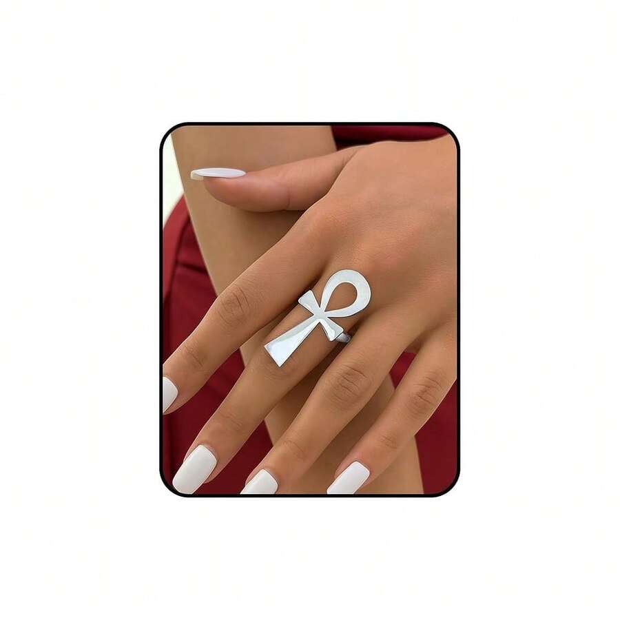 JWIGP Ankh Cross Adjustable Ring – Gold Plated Chunky Statement Band, Egyptian Sym.Bol Jewelry, Stainless Steel Spiritual Thumb Index Midi Retro Vintage Fashion Accessory For Women Men - 銀色 - 查看 1