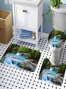 1/4 Piece Beautiful Waterfall Shower Curtain Set, Bathroom Curtains, Deep Forest Shower Curtain, Waterproof Shower Curtain, Bathroom Rug, U-Shaped Toilet Mat, Toilet Seat Cover - A - View 9