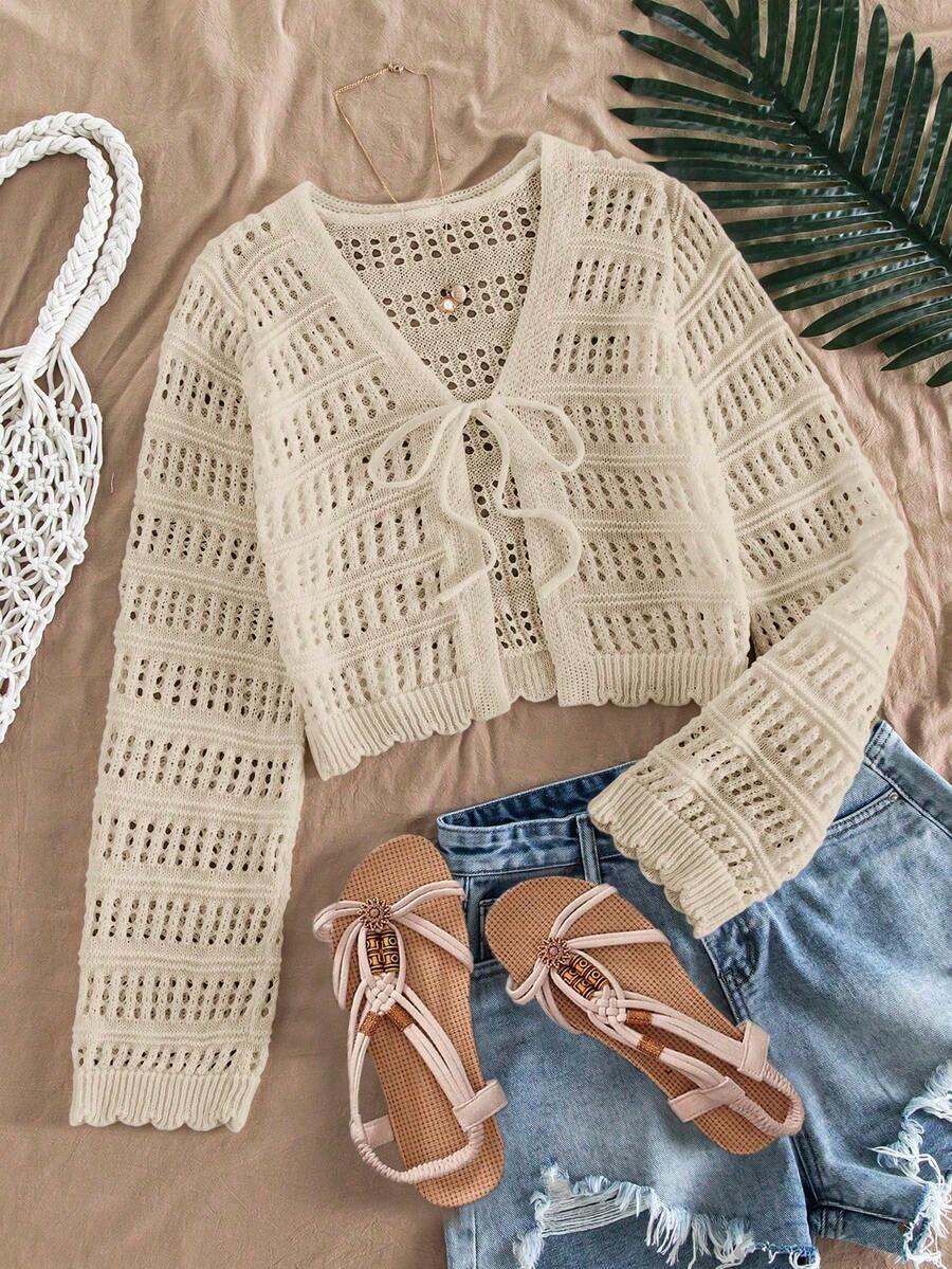 Women's Beach Cover Up Cover Up - Hollow Out Knitted Top With Bow Tie, V-Neck Loose Drop Shoulder Design, Crochet Bikini Crop Top, Tie Front Flare Sleeve Knit Shawl, Ruffle Hem Oversized Knitted Cover Up, Spring/Summer/Autumn,Women's Solid Color Hollow Front Tie Thin Knit Cardigan, Suitable For Vacation, - 米色 - 查看 1