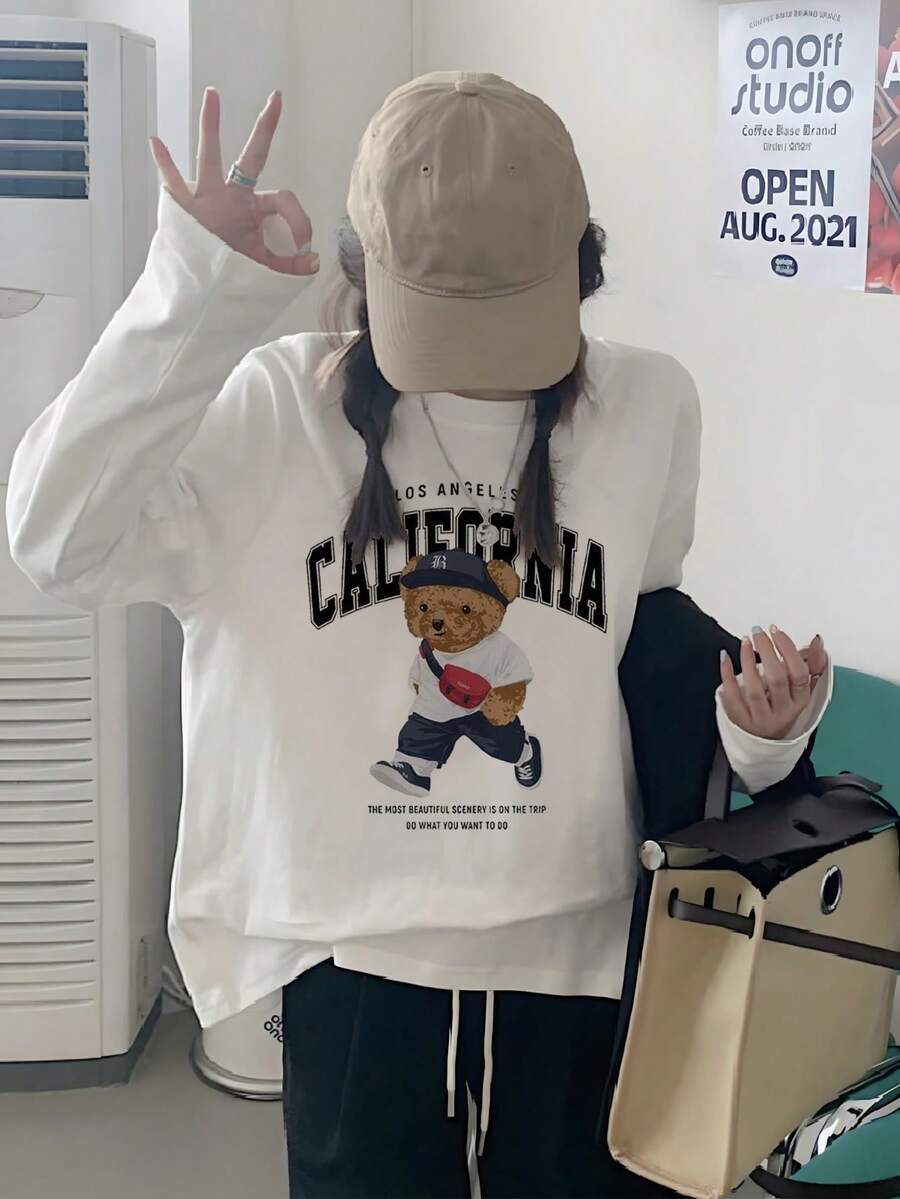 女款休閒寬鬆圓領卡通熊與字母印花長袖T恤,春夏秋冬百搭白色 - 白色 - 查看 1