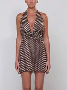 Women's Y2K Polka Dot Halter Neck Mini Dress Backless Ruched Tie Back Ruffle Hem Going Out Party Dress - Brown - View 3