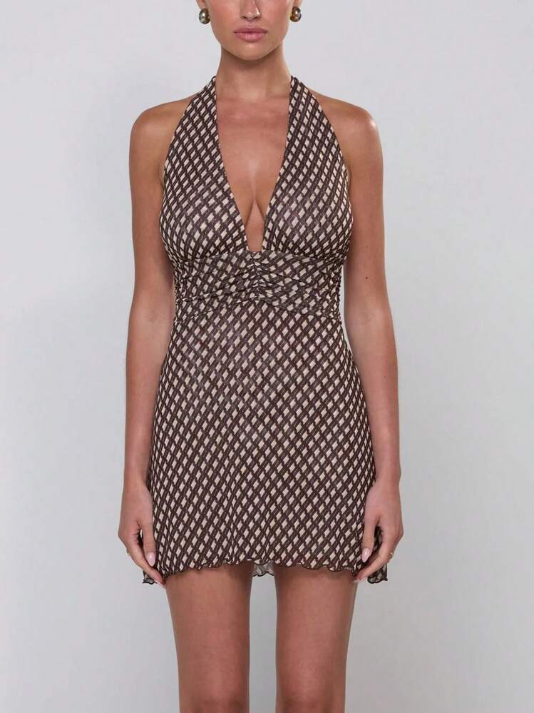 Women's Y2K Polka Dot Halter Neck Mini Dress Backless Ruched Tie Back Ruffle Hem Going Out Party Dress - 棕色 - 查看 3