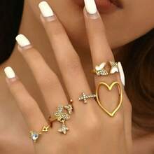 Juego de anillos con forma de corazón y mariposa, ajustables y de múltiples articulaciones, con efecto de goteo de aceite, para mujeres - Dorado - Ver 3