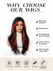 24英寸红色渐变中分假发，女士长卷发合成假发，适合日常佩戴和角色扮演，中分，欧美风格，耐热合成纤维，外观自然，充满活力，节日妆容必备 - 挑染紅色 - 查看 7