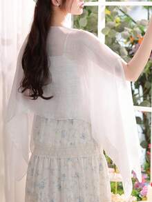 1pc Women Shawl Scarf, Lightweight Mesh Wrap, New Chinese Style Headscarf, Suitable For Summer Travel And Beach, Sun Protection - White - View 7