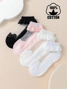 4双装纯棉女童及幼儿薄款透气玻璃丝短袜，婴儿袜 - 彩色 - 查看 8