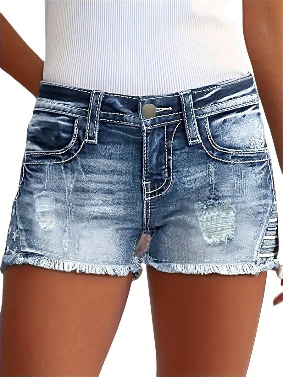 Women's Retro Embroidered Hole Stretch Denim Shorts-Waist Tight Denim Shorts Frayed Hem Summer Comfortable And Fashionable Suitable For Casual Wear - 藍色 - 查看 1