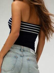 Women's Reversible Strapless Vest Stylish Striped Sleeveless Crop Tube Tops Bandeau Blouse for Party Date Night Wear - Azul - Ver 2