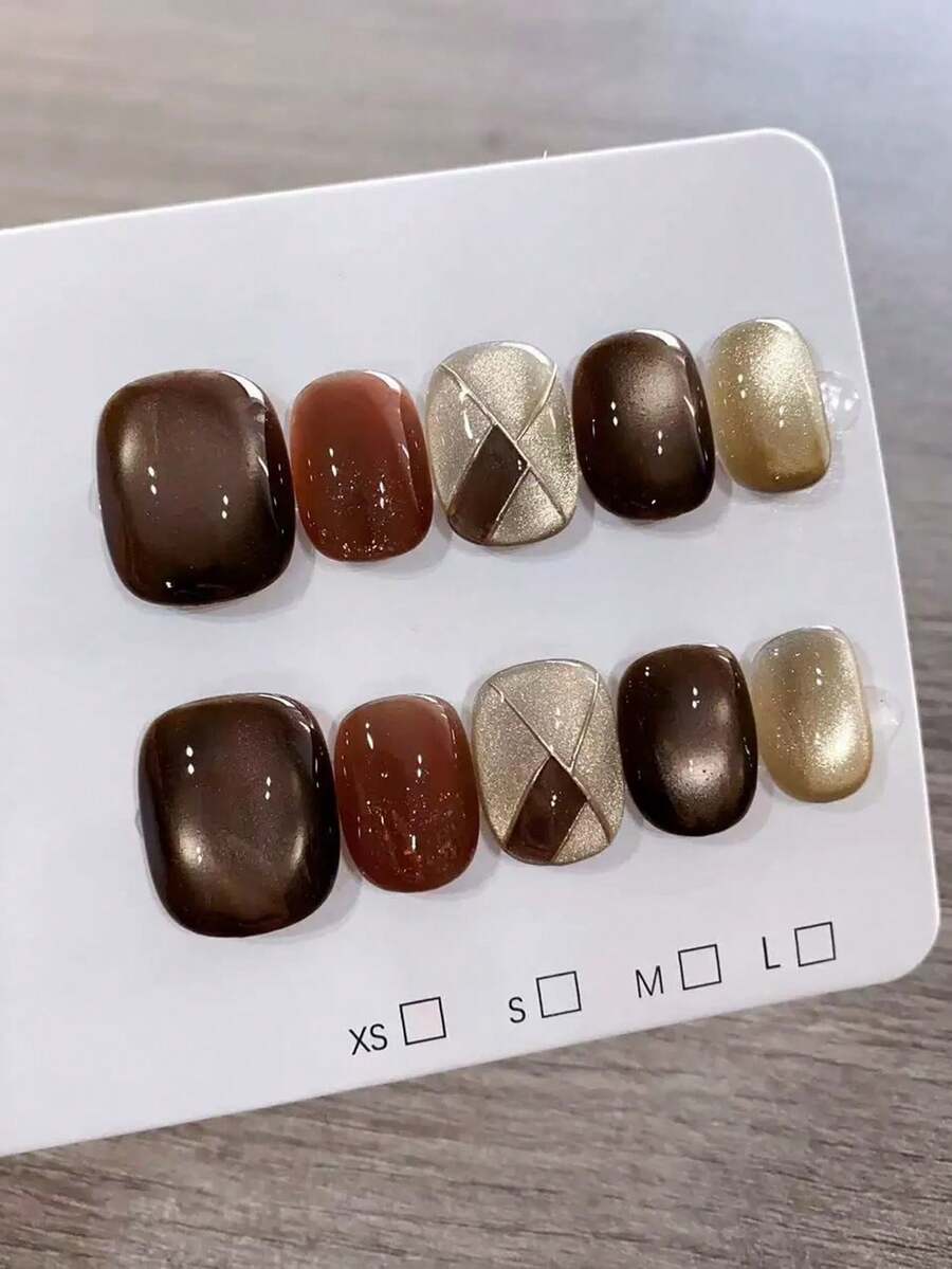 10pcs Handmade Short & Medium Length Brown Oval And Almond Shaped Nail Stickers, High-End Retro Caramel Brown Cat Eye Nail Stickers With Hand-Painted Rhombus Pattern, Minimalist Versatile, Suitable For Women And Girls In Spring, Summer, Autumn, Winter, Parties And Daily Use - Brown - View 1