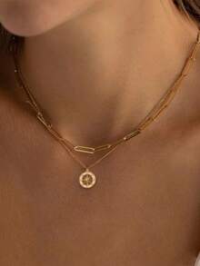 2pcs Minimalist Copper Square Paperclip Clavicle Chain With Cubic Zirconia Star & Sun Pendant Necklace, Suitable For Girl Party Wear (Random Chain Clasp & Bead Count) - Yellow Gold - View 5