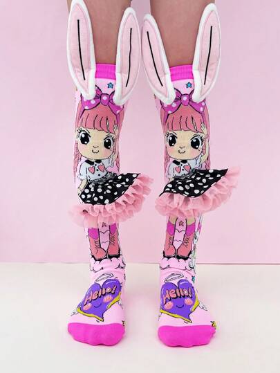 1 Pair Kids Over-The-Knee Socks, Children's Socks, Crazy Socks, Fun Socks With Cute Girl Pattern And 3D Ear Decor. Suitable For All Seasons, Perfect Gift For Crazy Day, Kids Party, Valentine's Day, Easter, Holidays, Outdoor Activities And Daily Wear