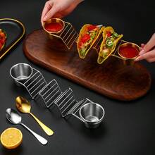 2/4件套不锈钢墨西哥卷饼/法士达饼架套装，包括酱料杯、勺子和可拆卸调味杯，防锈，可用洗碗机清洗，适用于厨房，墨西哥餐厅风格，可用作煎饼架、披萨展示架、春卷架等。 - 金色 - 查看 6