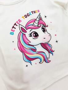 2pcs/Set Cute Unicorn Print Ruffle Sleeve T-Shirt & Colorful Polka Dot Leggings, Funny Casual Outfit For Young Girl - White - View 7